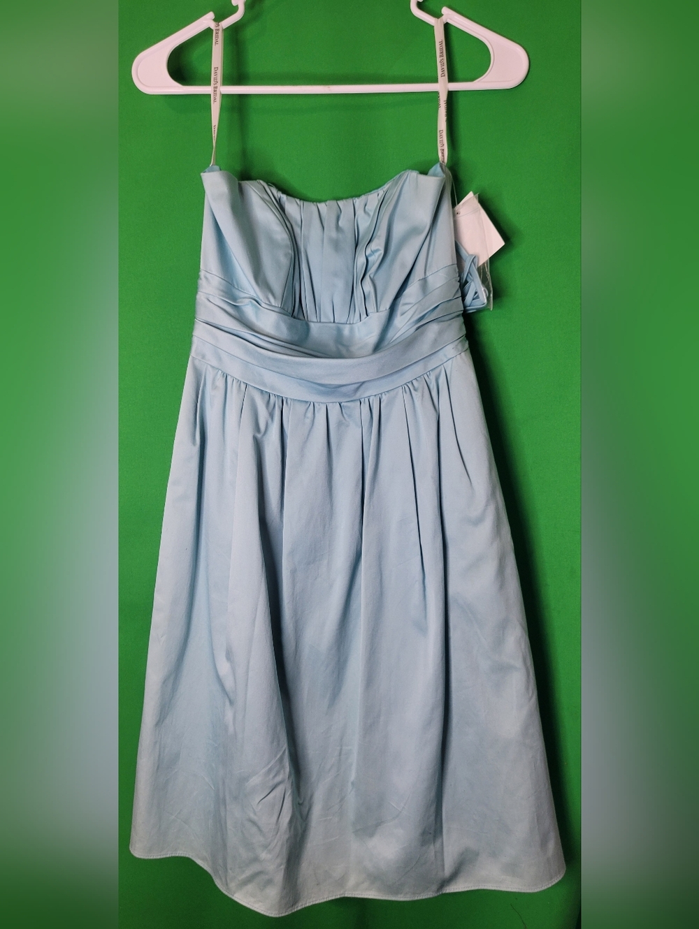 NWT Davids Bridal Formal Satin Strapless Light Blue Pleated A-Line Dress Size 2